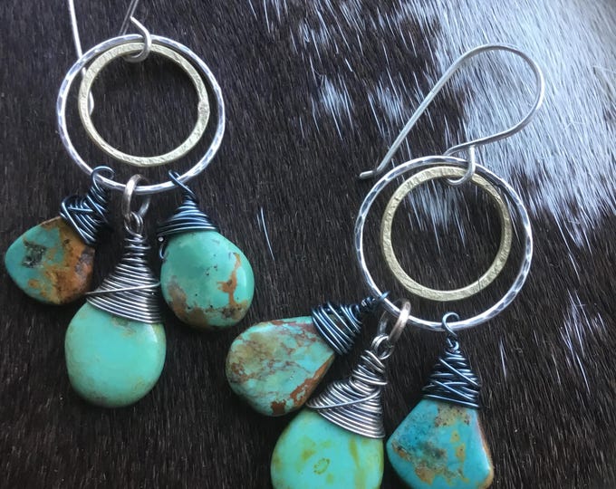 Bronze and sterling double hoops with dangle drops of glass and turquoise with hammered hoops and sterling ear wires by Weathered Soul