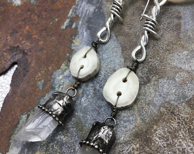 These rustic barb wire and raw quartz with antler horn earrings are so fun, love the rustic hardcore vibe of these earrings fun and frisky!