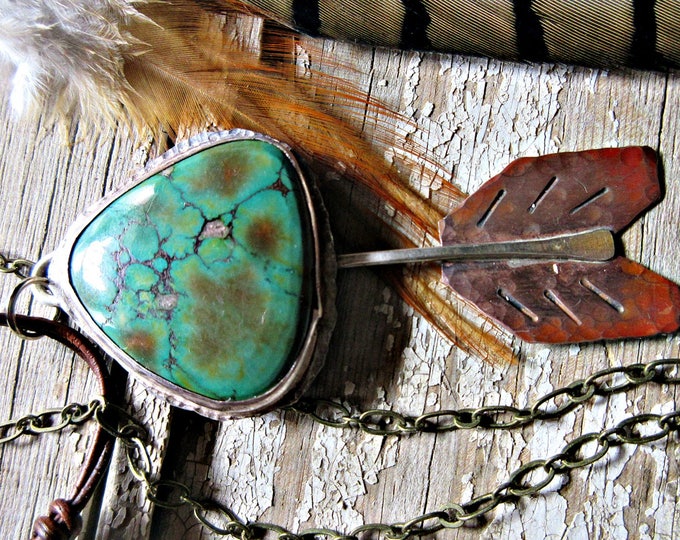 Made to order small arrow turquoise statement pendant necklace by Weathered Soul , artisan rustic, copper and sterling matrix turquoise
