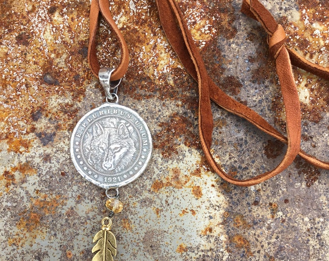 Watchers in the woods necklace by Weathered Soul replica antique large coin with citrine and bronze feather,super soft elk leather