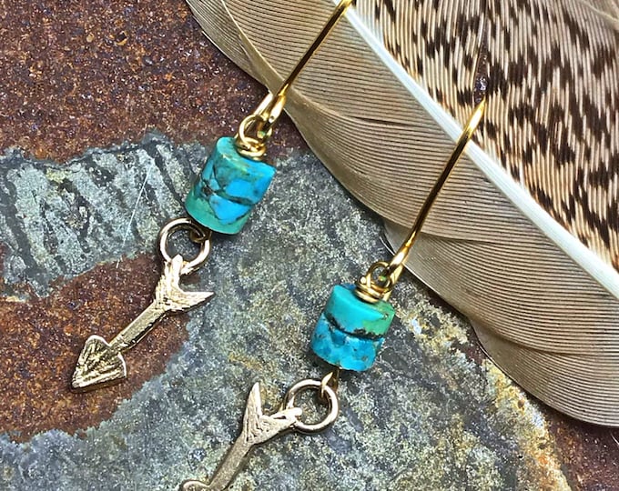 Itty bitty bronze arrows and a touch of turquoise earrings by Weathered Soul, sweet dainty little statement pieces, urban chic, cowgirl sty