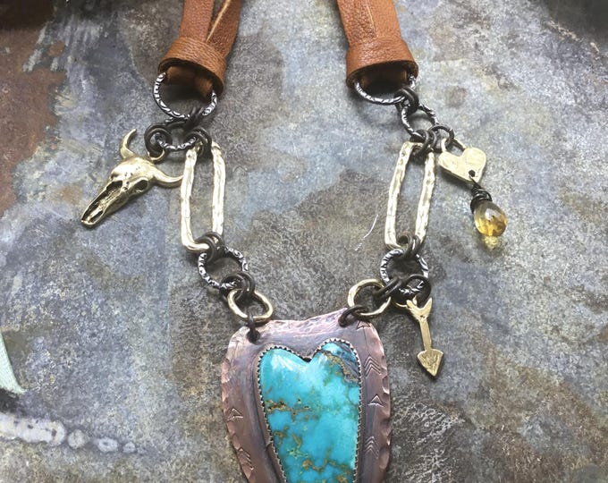 Made to Order all turquoise hearts vary in this love for you necklace by Weathered Soul, adjustable neckline slide with bronze steerhead