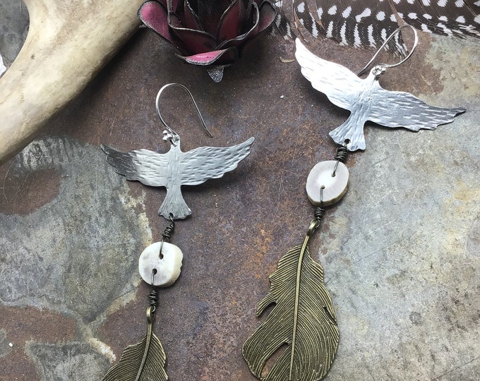 Soaring raven feather and antler earrings by Weathered Soul