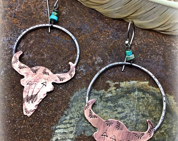 You choose medium or large bull skull copper and sterling hoops, western style, cowgirl fashion