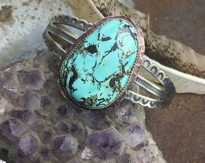 Wild one cuff with fun matrix colored turquoise on stamped sterling cuff style bracelet by Weathered Soul,cowgirl chic,artisan crafted