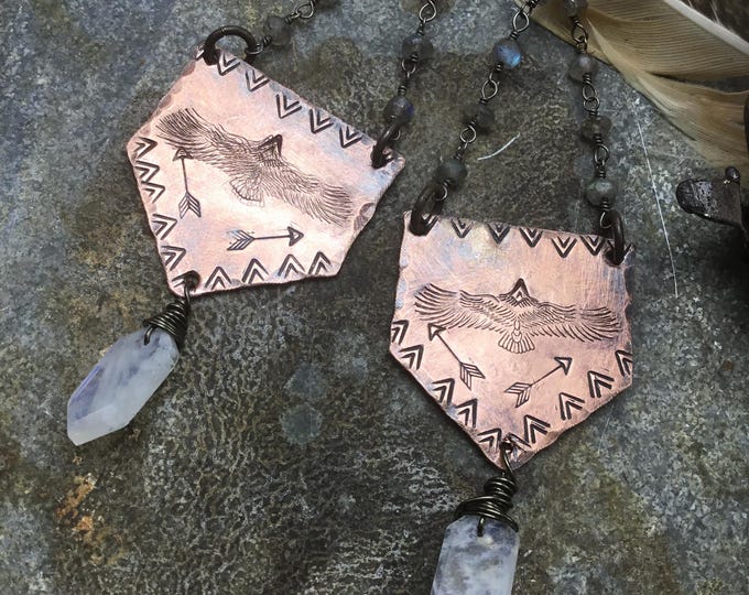 Raven stamped copper earrings with labradorite wire wrapped chain with moonstone drops by Weathered Soul artisan jewelry, bird lover,raven