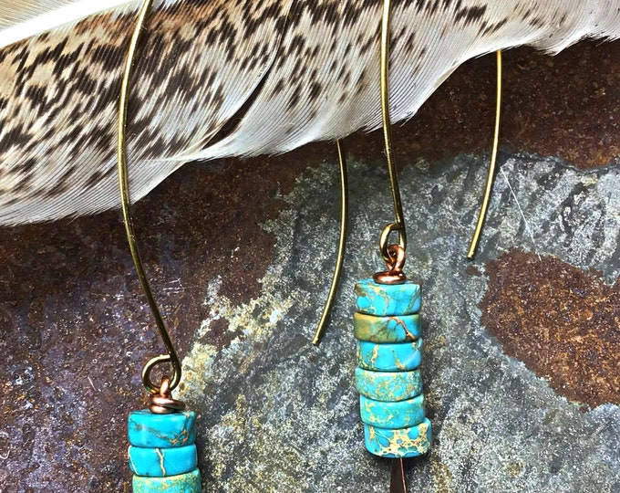 Long bronze turquoise imperial jasper fun simplistic earrings by Weathered Soul light as a feather