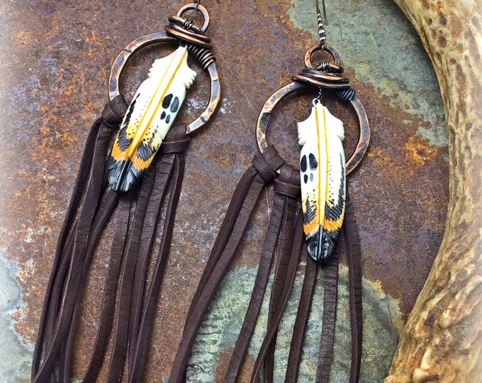 Fun fringed hand painted feather rustic hoop earrings on copper with sterling ear wires