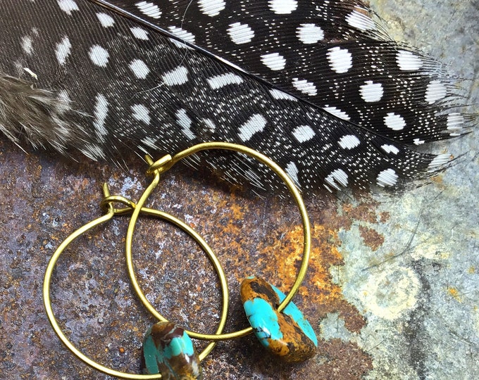 Fun dainty little bronze through the ear hoops with genuine rounds of turquoise, matrix, urban chic, minimalist,simplistic design