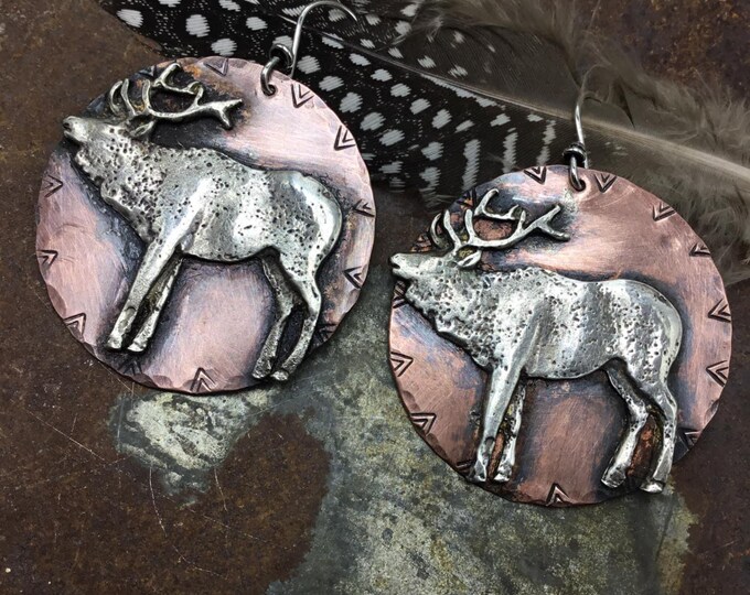 Big bugling elk sterling and copper medallion earrings by Weathered Soul Jewelry, outdoor enthusiast,wildlife