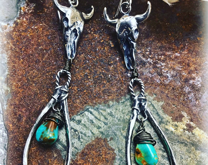 No bull earrings by Weathered Soul artisan skull and rope hoop earrings with turquoise, western fashion, cowgirl chic