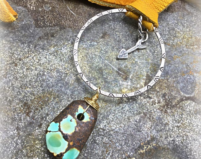 Boho vibe palomino leather, raw turquoise stone and sterling hammered large textured hoop with sterling arrow center,everyday wear necklace