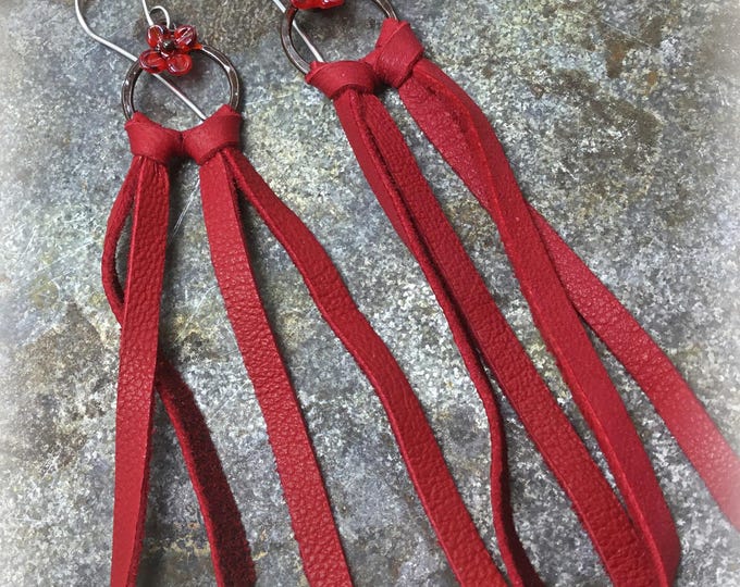 Lady in red sweet hoops in time for blooming flowers by Weathered Soul little glass blown flowers on rustic copper, super soft deer leather