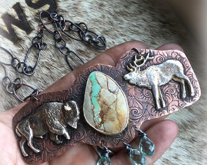 Featured listing image: Huge statement Bison and Elk pendant with Ribbon Royston Turquoise and chunky oxidized chain with aquamarine wire wrapped stones