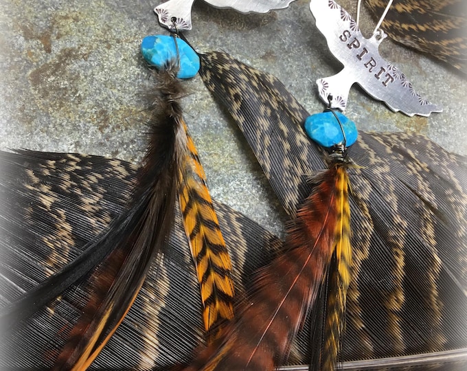 Free spirit shoulder duster raven earrings with Kingman turquoise and feathers approximately six inches long! Rustic and nature’s beauty!