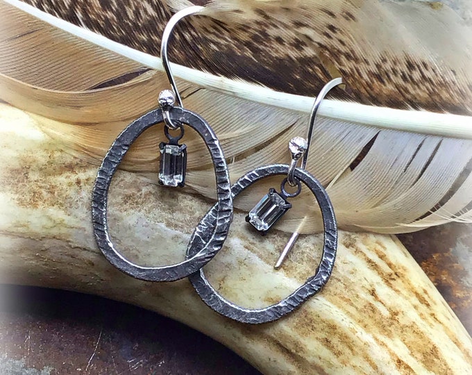 Sweet dainty black oxidized sterling rustic hoops with just a touch of rhinestone