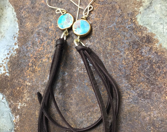 Bohowestern vibe turquoise rondel with bronze wrap and hoop with long chocolate leather fringe dangles,elegant chic,cowgirl fashion