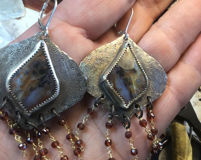 Beautiful agate sterling earrings with bronze and garnet dangling down,french ear clips