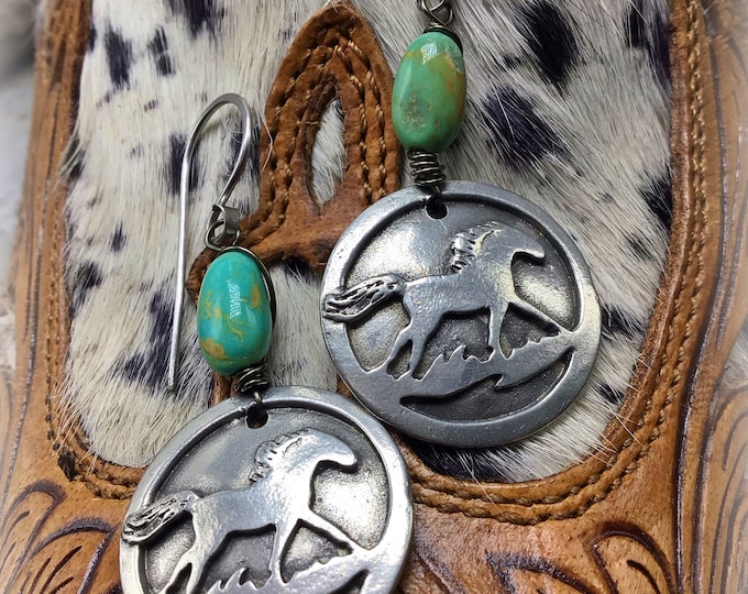 Sweet running pony earrings with a little touch of turquoise sterling ear wires