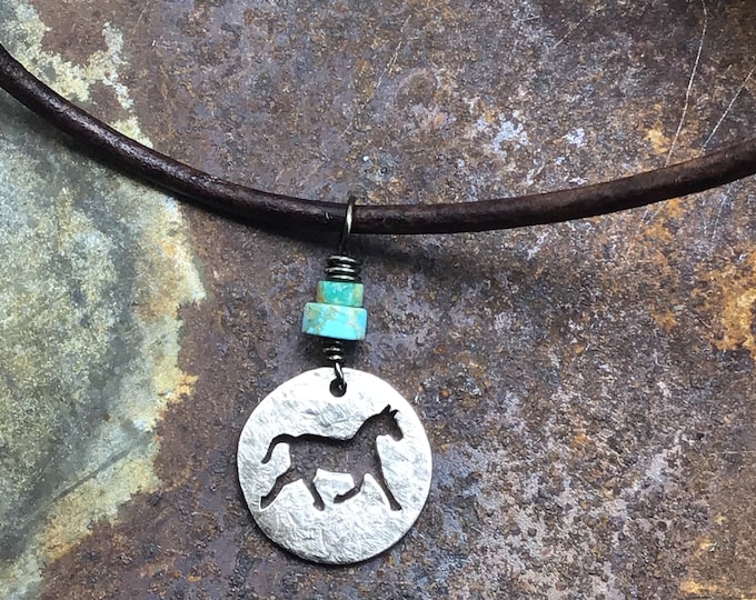 Itty bitty prancing pony simplistic design pendant with turquoise and leather, sits just about collarbone level