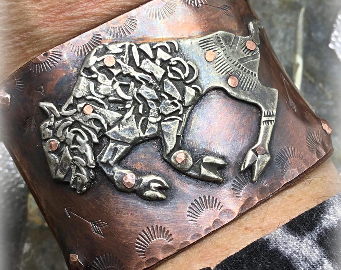 Huge statement Buffalo cuff in sterling and copper one of a kind by Weathered Soul artisan jewelry vintage buffalo nickel snap closure!