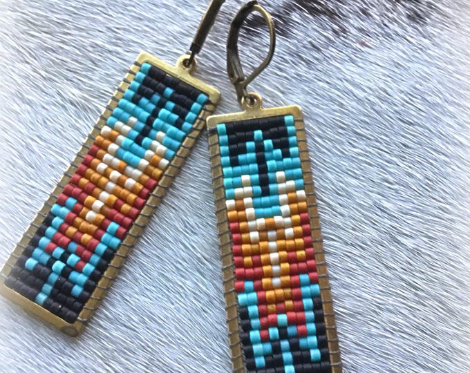 Sweet Pendleton looking beaded patterned bronze lightweight lever back earrings by Weathered Soul, cowgirl fashion ,western, rodeo wear