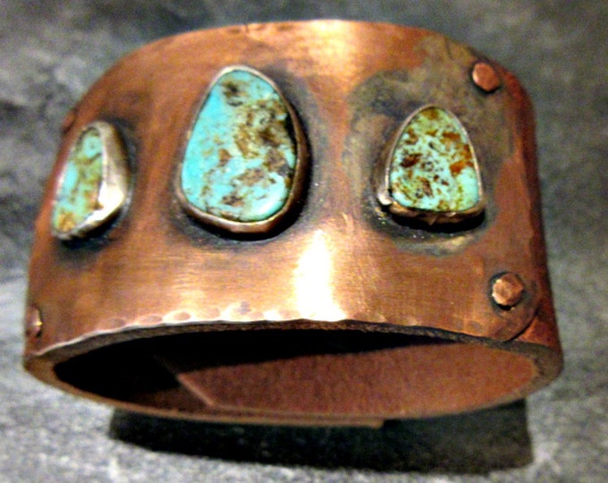 Made To Order  Three's a crowd leather, turquoise, and copper distressed wide cuff, 2 heavy bronze snaps, artisan cuff, cowgirl, USA ,order