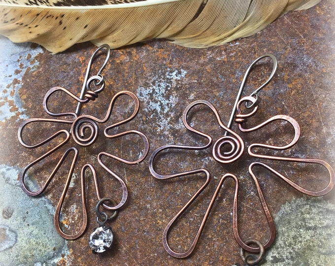 Rustic copper larger flower power earrings with rhinestone earrings by Weathered Soul