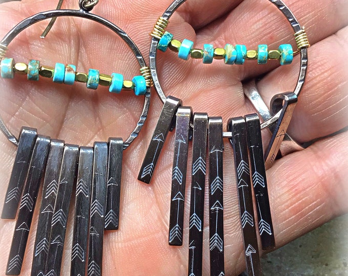 Large boho arrow embossed fringe earrings with turquoise and bronze, bohowestern,cowgirl fashion