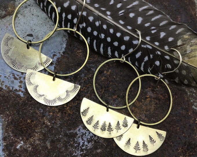 Simplistic bronze hoops with your choice of trees ,sun bursts, artisan made by Weathered Soul, minimalist, tree lover, urban chic,USA made