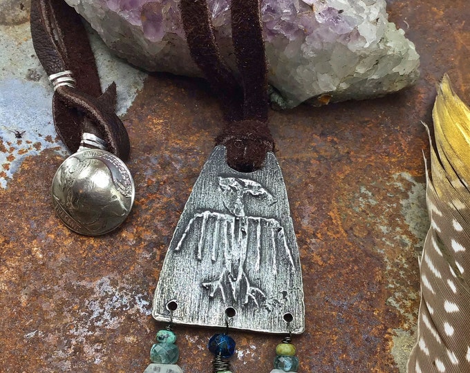 Tribal bird necklace made to order,gemstones  leather kyanite, amethyst, turquoise, and moonstone drop beautifully like fringe, cowgirl chic