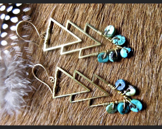 Bronze chevron wire wrapped turquoise on bronze earrings by Weathered Soul Jewelry