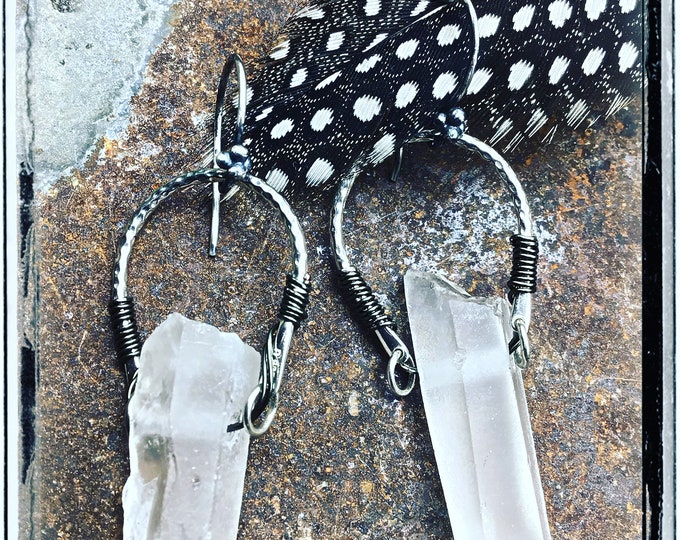 Raw quartz Crystal arches, sterling silver rustic earrings by Weathered Soul, oxidized ball ear wires, urban chic