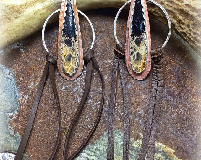 Incredible jasper kicking butt hoop earrings by Weathered Soul Jewelry, long leather dangling from these artisan sterling and copper hoops