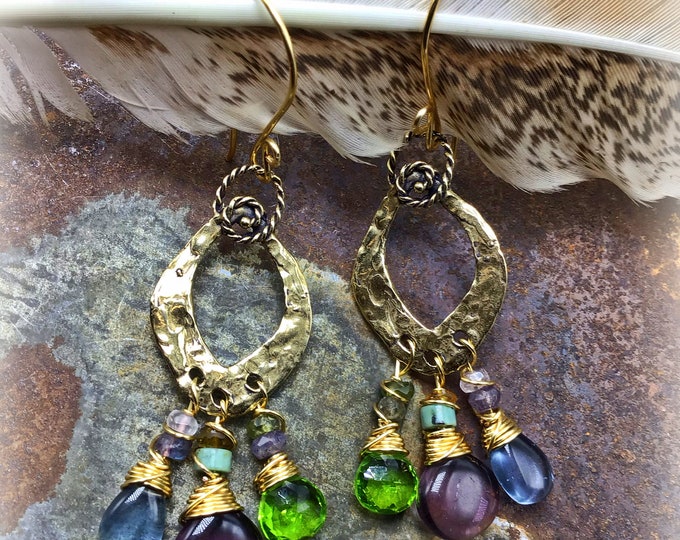 Boho Sally bronze fun hoops with color galore, gemstones dangling from the rusticity refined hoop earrings by Weathered Soul