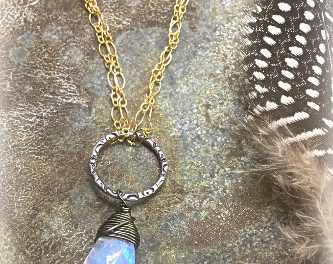 Beautiful all handmade sterling different chain sections with moonstone and leather mixed with bronze and turquoise
