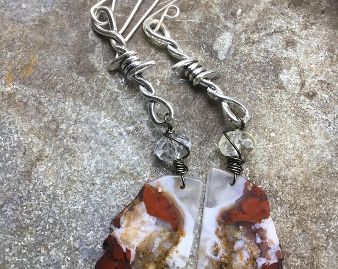 Red agate slabs with barbed wire and citrine and sterling ear wires, large slabs with beautiful colors by Weathered Soul