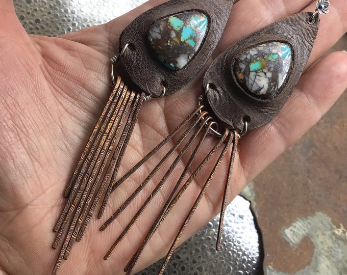 Beautiful chestnut soft Italian leather with turquoise and oxidized copper stamped fringe with Sterling ear wires