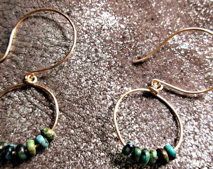 Simple bronze turquoise beaded hoops with large bronze ear wires, urban, cowgirl, minimalist, high fashion, dainty, classy, lightweight, USA