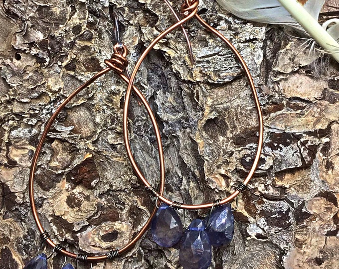 Large copper hoops with wrapped kyanite drops, urban vibe,