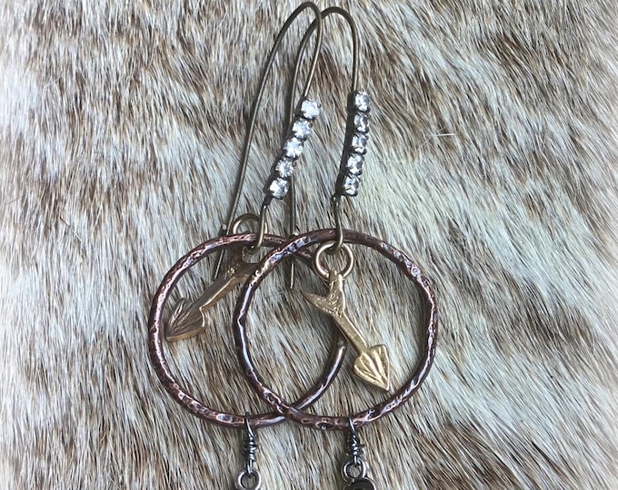 Very unique western inspired map xed metal hoops with a splash of bling rhinestones by Weathered Soul artisan jewelry,cowgirl fashion