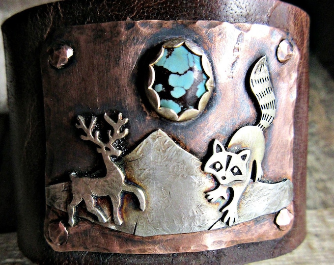 Made to order Into the Wild Distressed Wide Leather Cuff bracelet by Weathered Soul Jewelry, artisan made, rustic, Deer, Antlers, OOAK, USA