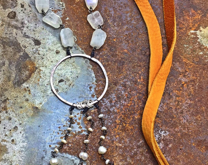 Sweet serenity necklace by Weathered soul, pearls, turquoise,rustic hammered sterling hoop and beautiful soft elk leather, urban cowgirl