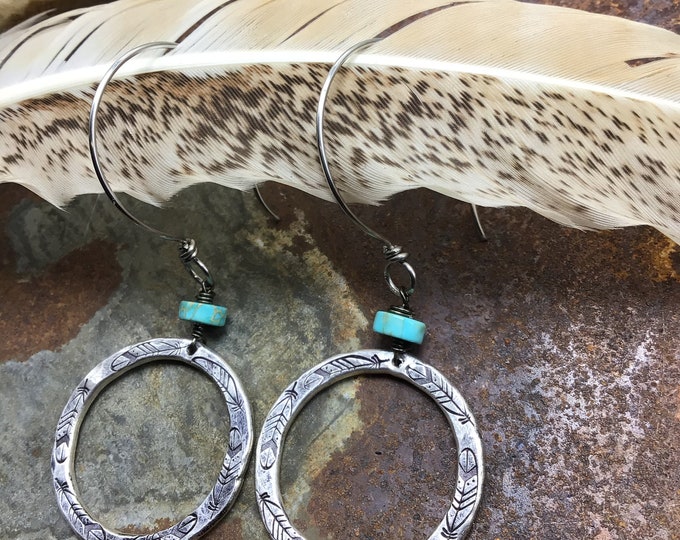 Feather your bed tedium hoops with turquoise and large ear wires, western boho vibe earrings by Weathered Soul