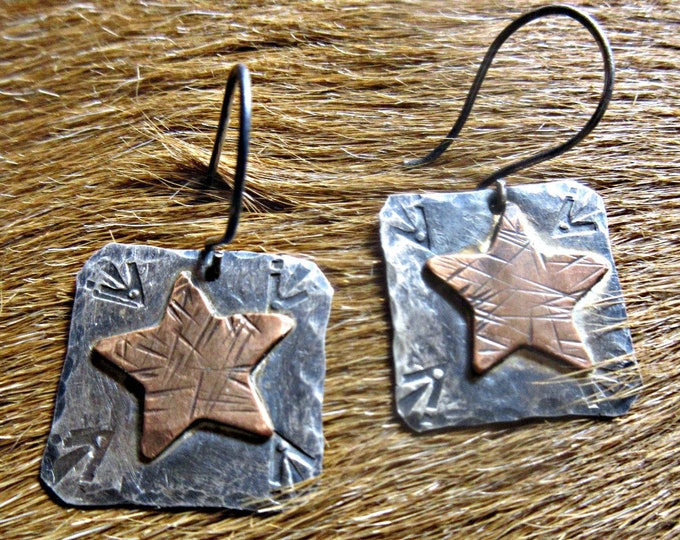 Stars and stripes earrings by Weathered Soul, rustic copper stars on sterling, cowgirl, artisan, western, cowgirl, USA made, star earrings