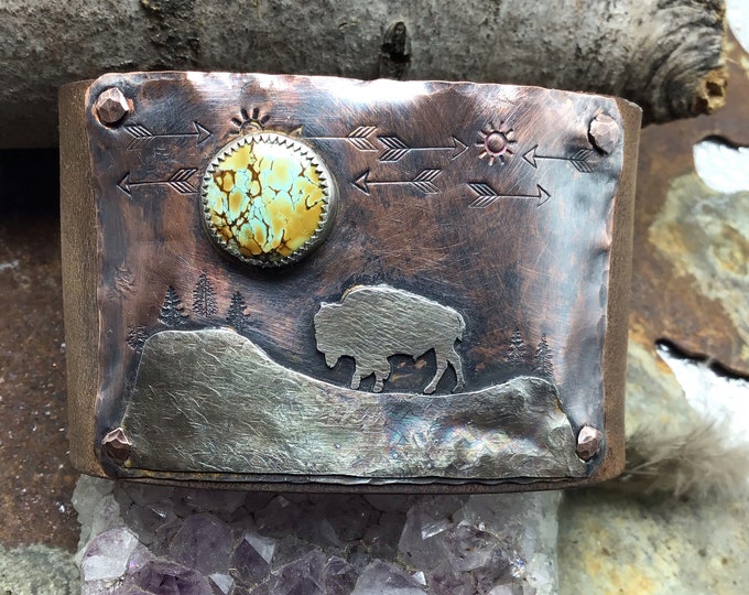 Where the buffalo roam cuff Made to order by Weathered Soul jewelry, leather,sterling,copper, bronze snap closure,artisan craftsmanship