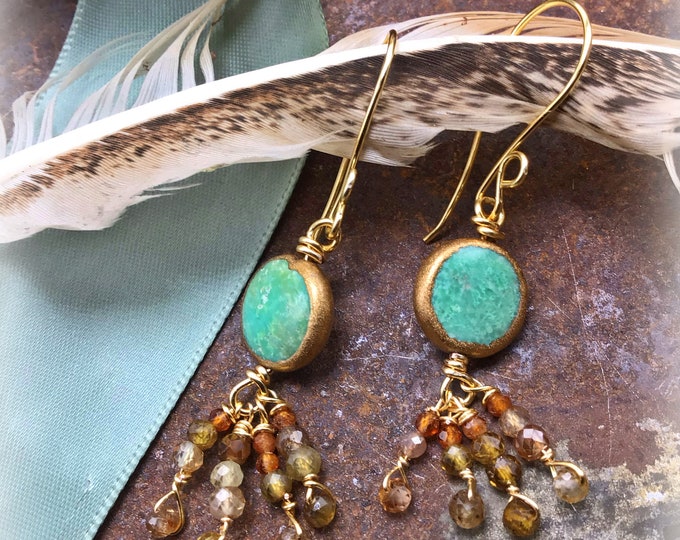 Sweet classy copper wrapped genuine turquoise with tourmaline and carnelian dangles with bronze ear wires