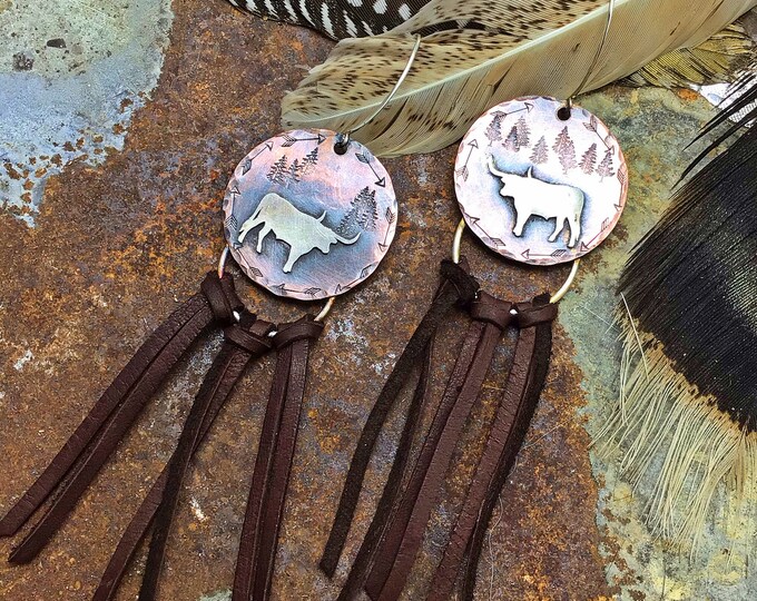 Longhorn fringes, bowestern, cowgirl fashion, copper and sterling with leather, statement earrings,western style