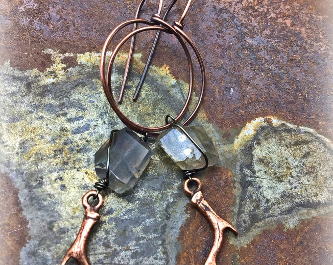 Copper rustic hoop earrings with labradorite and copper antler, rustic jewelry