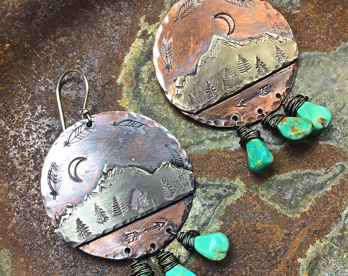 Into the mountains I go made to order rustic copper medallion earrings by Weathered Spul artisan statement jewelry, outdoor enthusiast